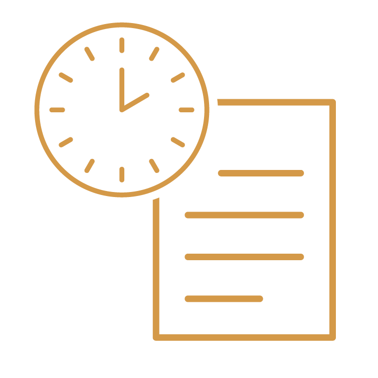 Icon of a clock and document in gold color, representing Timely Financial Reporting