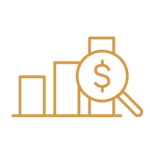 Icon of a bar graph with a magnifying glass and money symbol, representing Financial Analysis
